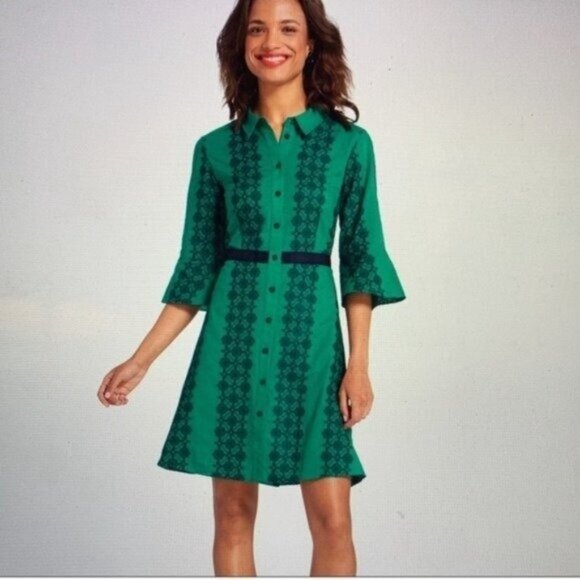 Draper James Embroidered Button Front Shirt Dress Green and Navy Mini Dress - Picture 6 of 6